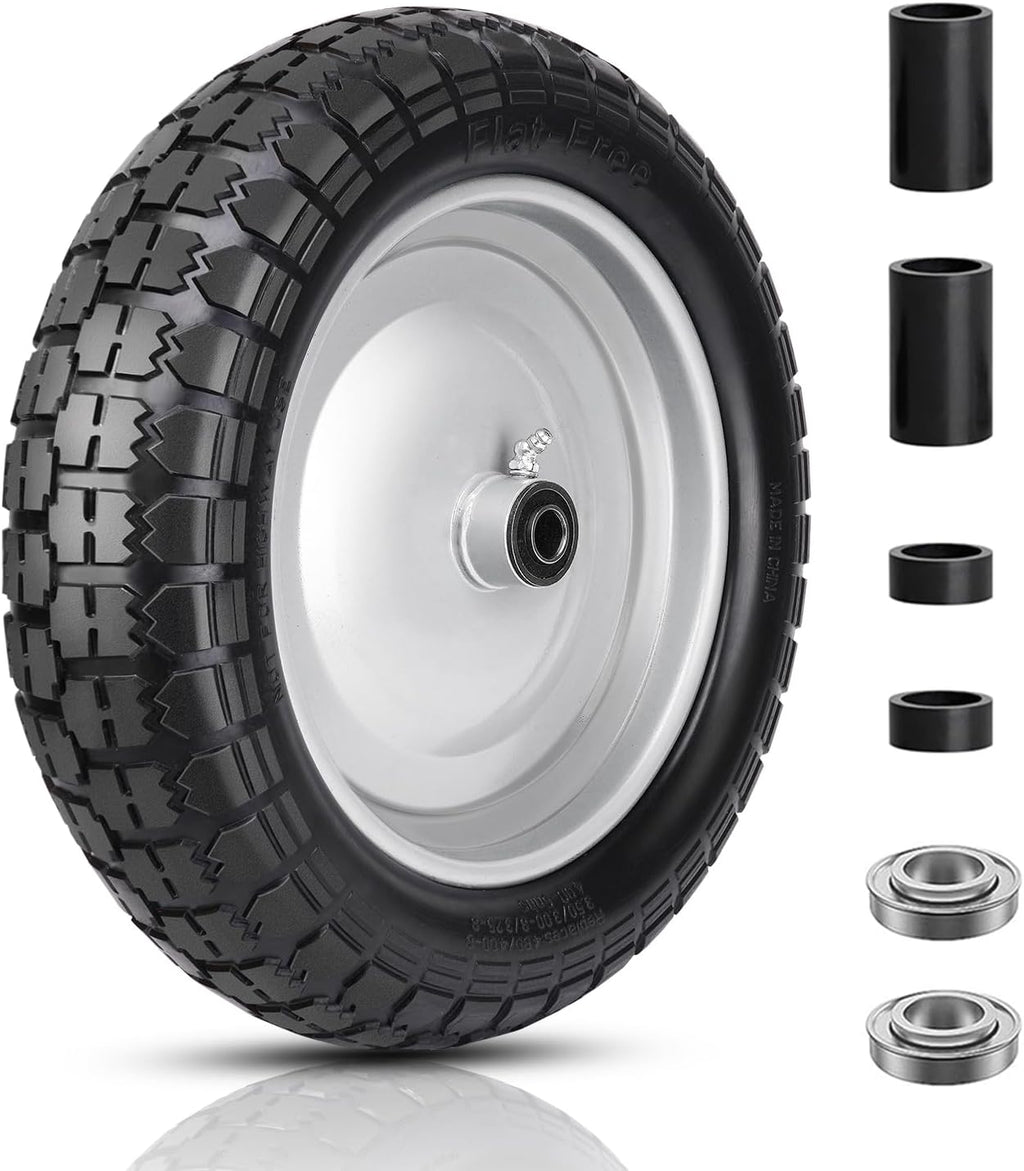 4.80/4.00-8 Tire and Wheel, 14.5" Flat Free Wheelbarrow Tire, 5/8" 3/4" Bearings Universal Solid Replacement Tires, 3" -7" Centered Hub for Hand Truck, Garden Cart, Includes Spacer Kit