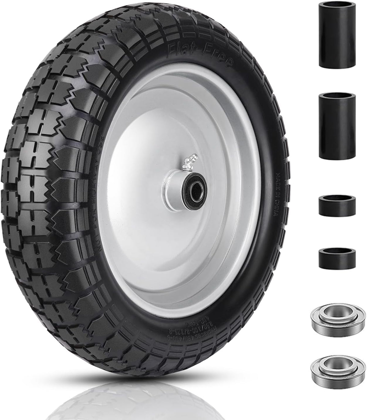 4.80/4.00-8 Tire and Wheel, 14.5" Flat Free Wheelbarrow Tire, 5/8" 3/4" Bearings Universal Solid Replacement Tires, 3" -7" Centered Hub for Hand Truck, Garden Cart, Includes Spacer Kit