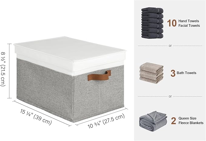 StorageWorks Large Storage Bins with Lids, Decorative Storage Boxes with Lid and PU Handles, Foldable Storage Baskets for Closet, Shelves, Stackable, Grey and White, 3-Pack
