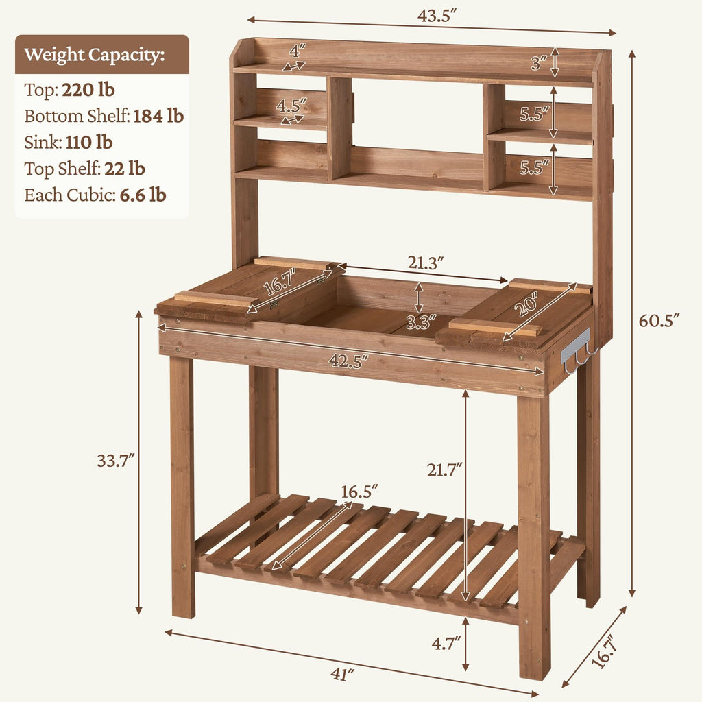 Yaheetech Outdoor Potting Bench, Sink, Display Rack & Storage Shelf,Brown