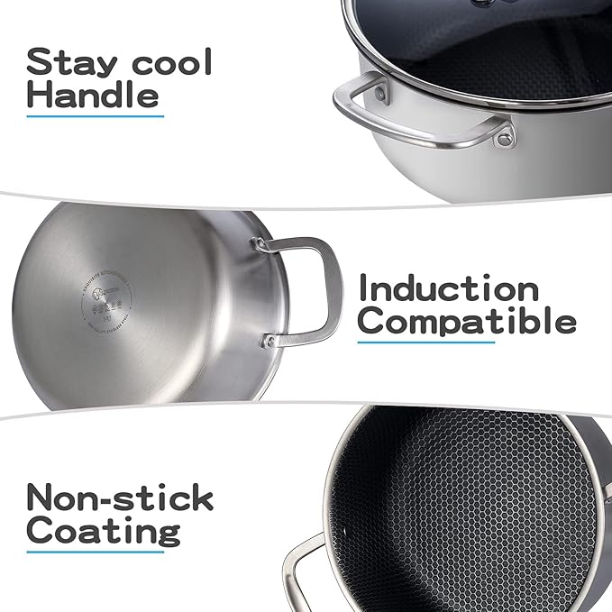 LOLYKITCH 5 QT Tri-Ply Hybrid Stainless Steel Non Stick Stock Pot with Lid,Induction Cooking Pot,Dishwasher and Oven Safe