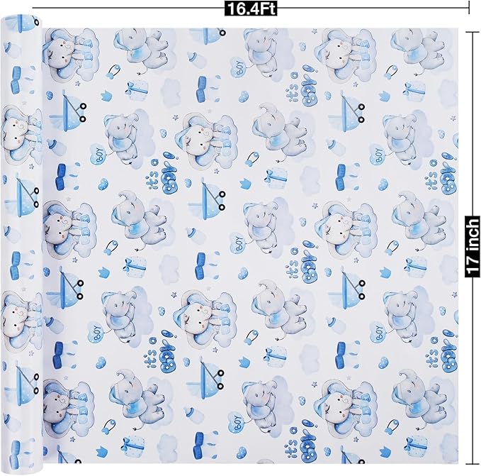Aimyoo Blue Baby Shower Wrapping Paper Roll - 17 Inch X 16.4 Feet - Cute Elephant with It‘s A Boy Letter Design Perfect for Boys, Birthday, Party