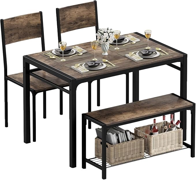 JUMMICO 43.3" Dining Table Set for 4, Kitchen Table with Bench & 2 Chairs Modern Rectangular Metal Frame Dining Furniture Set for Small Space (Rustic Brown)