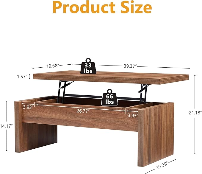 Small Lift Top Coffee Table, Wood Rectangle Coffee Table with Lifting Top and Hidden Storage Compartment, Mid Century Modern Center Tables for Small Space, Living Room, Office (Walnut)