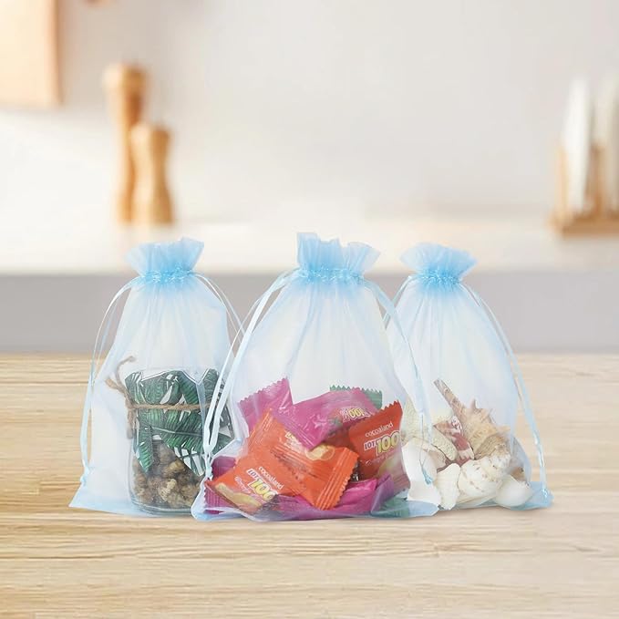 Wudygirl 100PCS Sheer Organza Bags - 5x7 Inch Drawstring Jewelry & Candy Favor Bags for Wedding Party (Sky Blue)