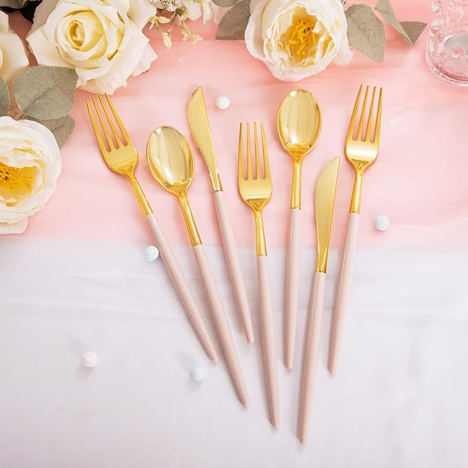 Rubtlamp 90Pcs Gold Plastic Silverware, Gold Plastic Utensils With Pink Handles Include 30 Plastic Gold Knives, 60 Plastic Forks and Spoons, Pink Plastic Silverware Heavy Duty For Party