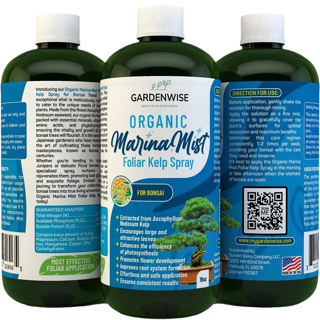 Organic Marina Mist Foliar Spray for All Live Indoor and Outdoor Bonsai Tree Plants | Micro Nutrients for Vital Bonsai Health | Gentle Formula | Liquid Plant Food | Quick Results (8 oz)