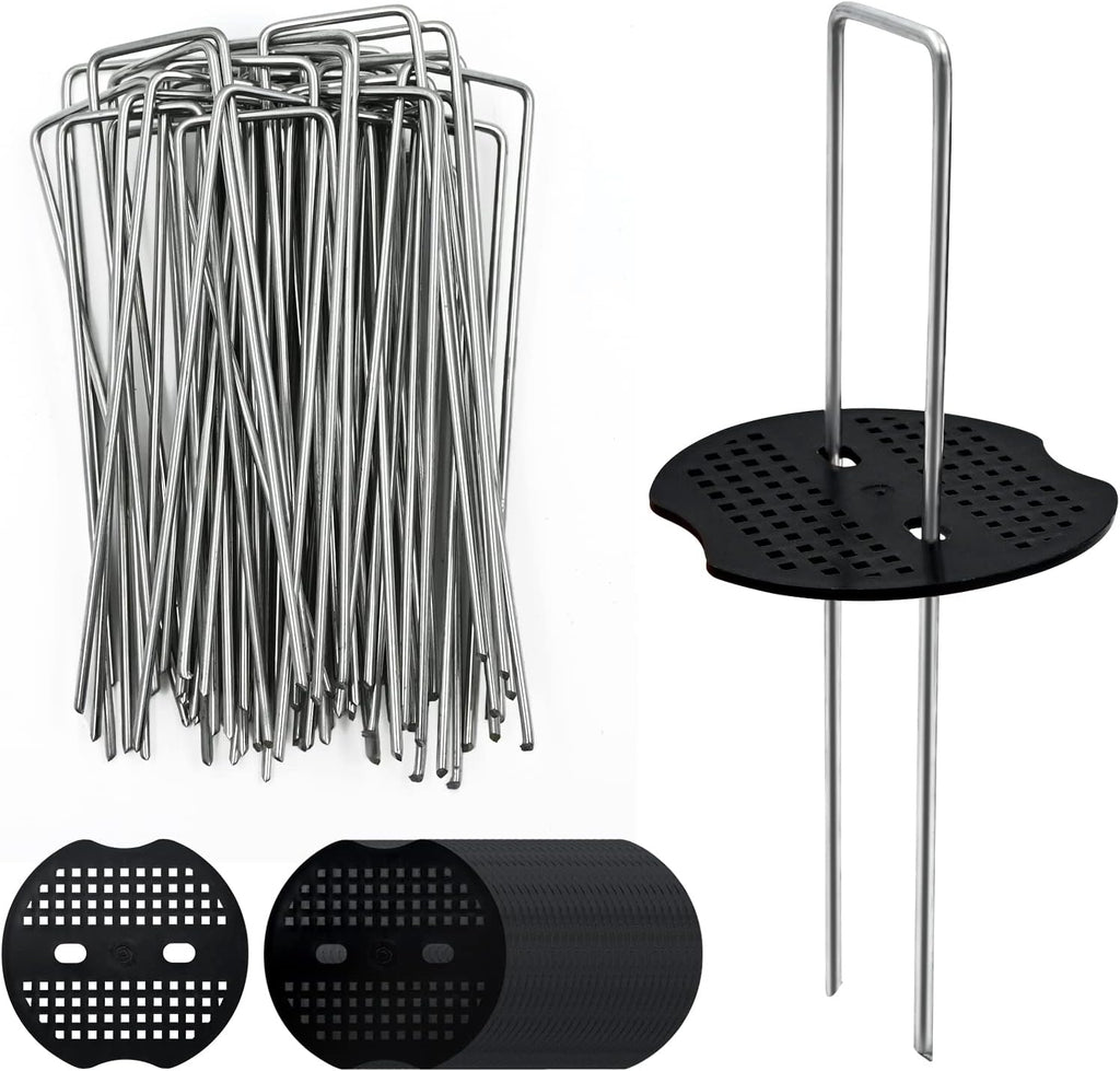 40 Pack 6 Inch Landscape Staples & 40pcs Fixing Gasket Sets, Garden Stakes Galvanized Steel Fabric Pins Heavy-Duty U Shape Sod Turf Pins for Ground Weed Fabric Barrier, Orchard, Yard, Tents