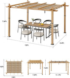10x13 Ft Outdoor Retractable Pergola with Adjustable Roof Modern Metal Patio Gazebo, Upgraded Faux Wood Grain Aluminum Pergola for Deck, Backyard Gardens, Porches, Grapevines, Khaki