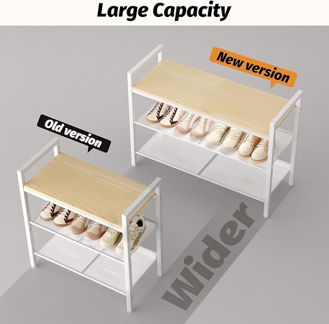 Shoe Rack for Front Door Entrance, 3 Tier Shoe Rack for Entryway, Shoe Shelf for Closet, Metal Shoe Racks Organizer with Sturdy Wooden Top & Steel Frame,(White+Beige)