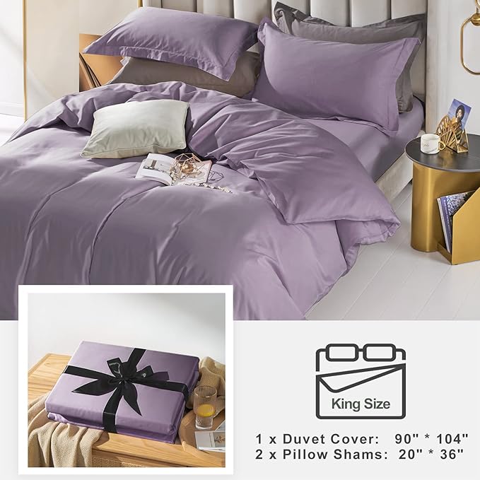 MILDLY 100% Long-Staple Cotton Duvet Cover Set King Size Purple Comforter Cover Sets Ultra Soft Bedding Set 3 PCS with Zipper Closure & Corner Tie (No Comforter)
