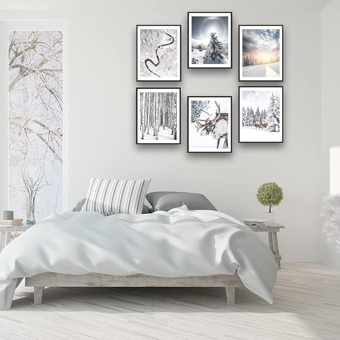 HoozGee Winter Wall Art Prints Set of 6 Canvas Print Artwork Sun Poster Ice Lake Snow Forest Frost Deer Pictures Photography Photo Bedroom Art Wall Decor (11"x14" UNFRAMED, Winter Art)