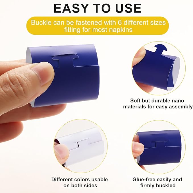 Polymer Material Reusable Napkin Band, Glue-Free Tear-Proof Water Resistant Oil-Proof Napkin Bands Set of 50(Front Blue Color and Back White), 6 Adjustable Sizes Napkin Rings