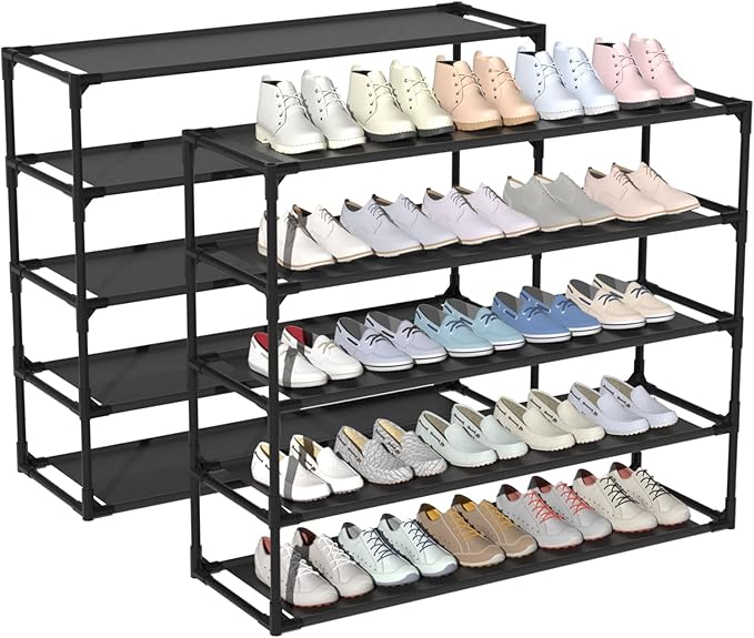 TY ARTS & CULTURE 2 Pack 5-Tiers Shoe Rack Organizer, Sturdy Metal Pipes & Durable Non-Woven Fabric, Shoe Rack for Closet Hold 40-50 Pairs, Shoe Rack for Entryway (Black)