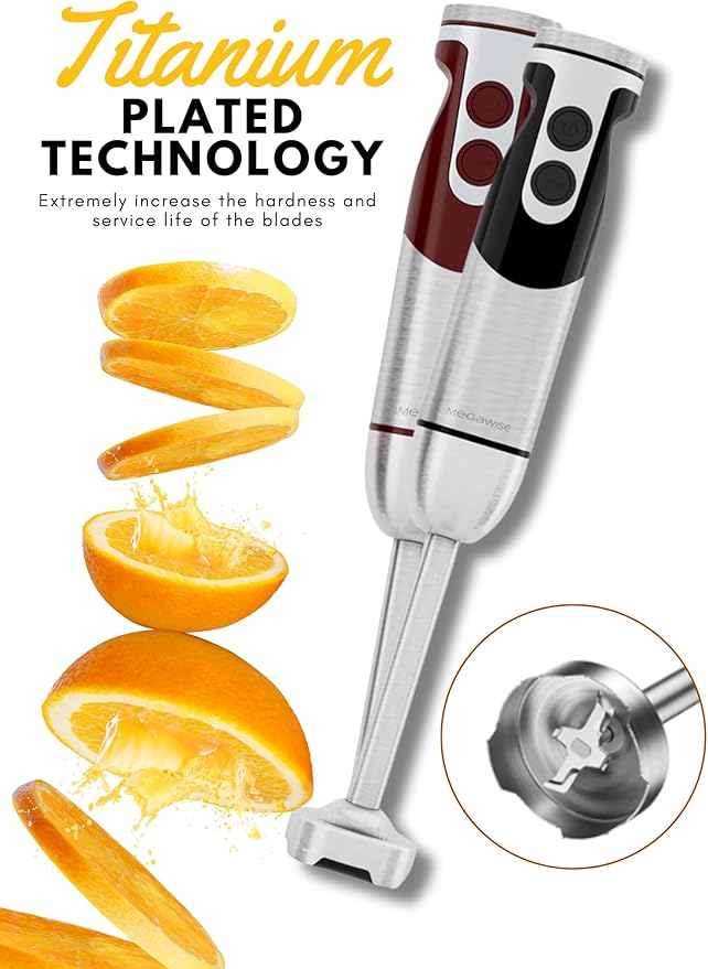 MegaWise 5-in-1 Immersion Hand Blender Set with Variable Speed, 400W, Stainless Steel - Includes Chopper, Whisk, Milk Frother, and Beaker - Ideal for Soups, Smoothies, Baby Food & More (RED)