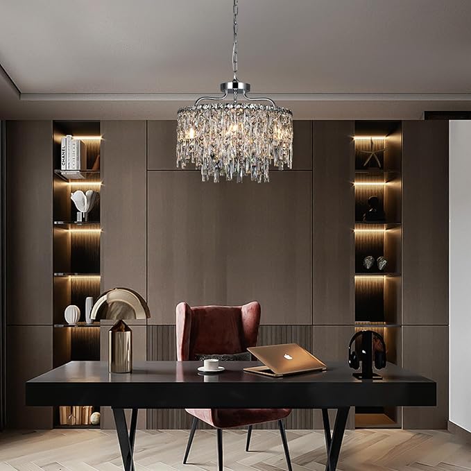 Chrome Crystal Chandelier, Modern Luxury Round Dining Room Chandeliers Over Table，6 Lights Chrome Ceiling Pendant Lighting for Dining Room Bedroom Entryway Foyer Staircase