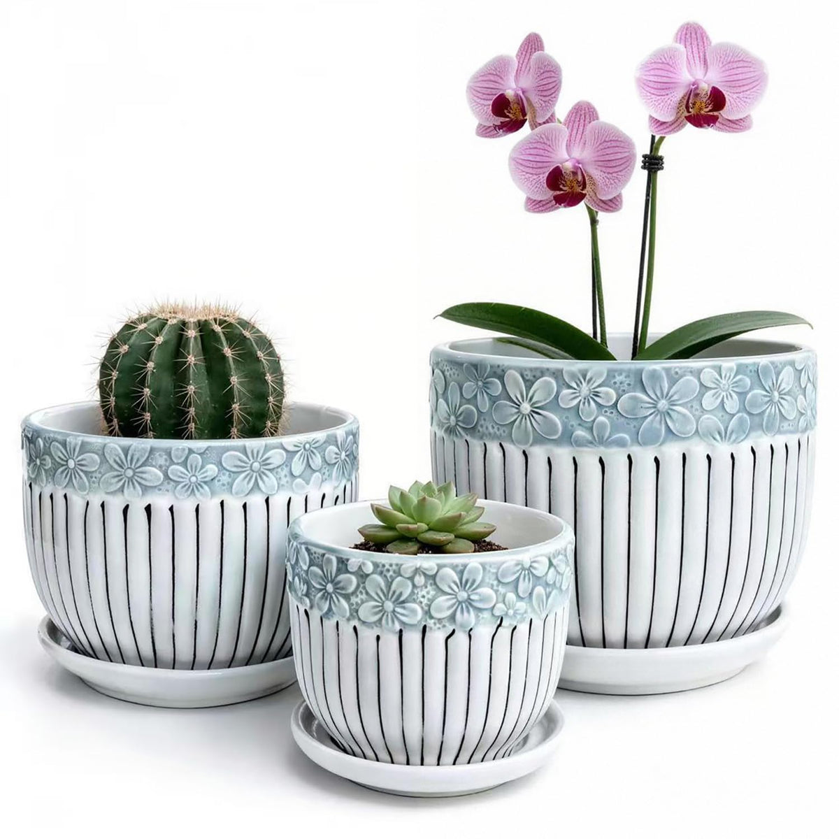 FOLKLORE13 Vintage Flower Pots for Indoor Plant, Round Ceramic Plant Pots with Drainage Holes and Saucers, 6.7/5.2/3.9 Inches Retro Flower Planters Set of 3
