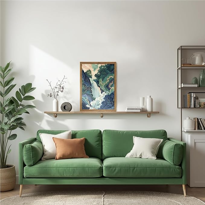 Framed Japanese Waterfall Canvas Wall Art, Abstract Landscape Wall Decor Paintings, Blue Green Nature Mountain Pictures Prints Zen Aesthetics Home Decor for Living Room Bedroom Bathroom 12x16 inch