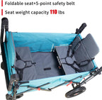 Foldable Wagon with Canopy - Collapsible Utility Cart with 2 Seats & Belts, Adjustable Handle, Expandable Front for Camping, Picnic, Shopping (Turquoise/Grey)