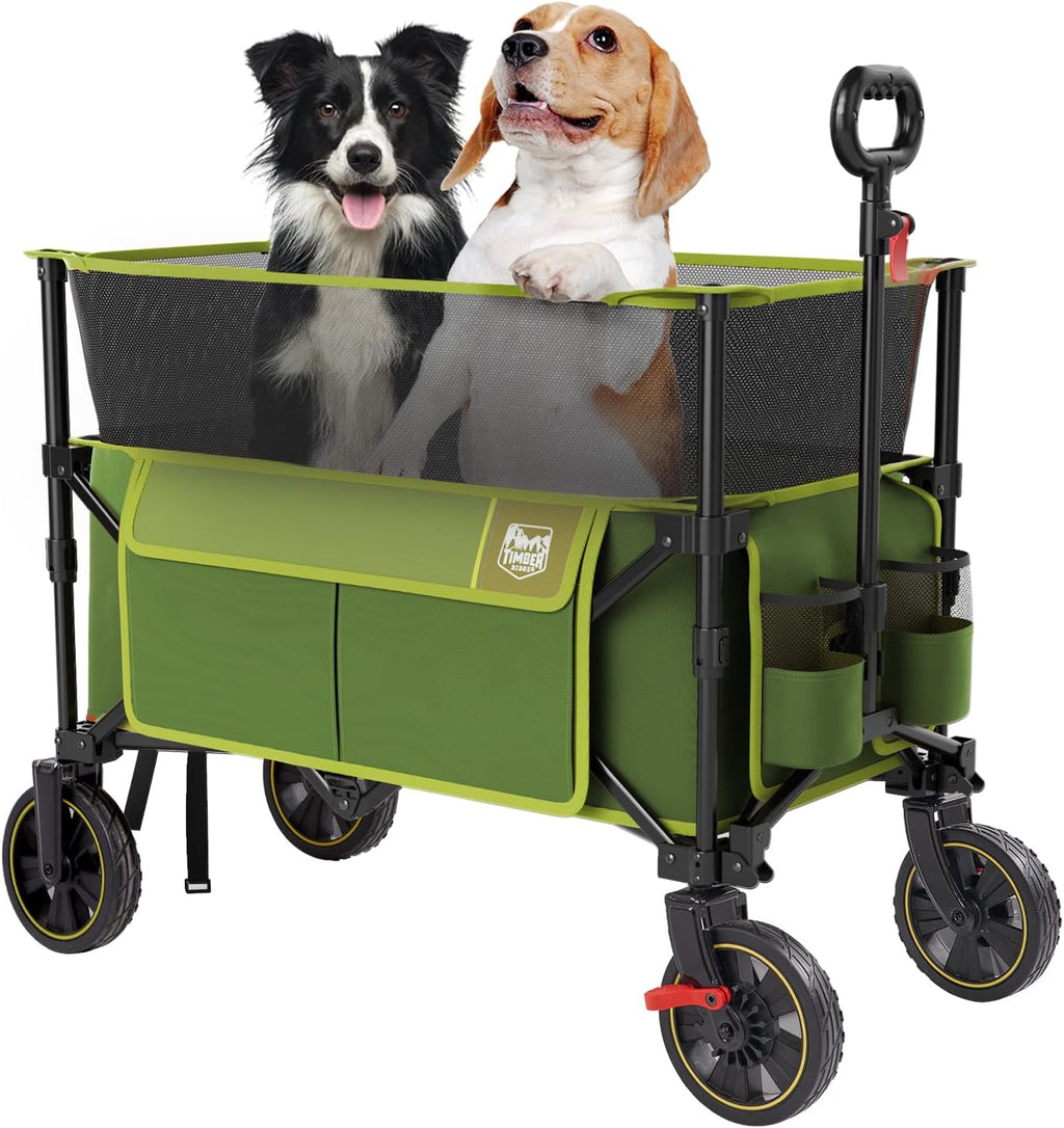 TIMBER RIDGE 350L Extra Large Collapsible Folding Wagon Carts with Brake, Heavy Duty Outdoor Camping Utility Wagons with Extended Height, Adjustable Handle, Cup Holders, Side Bag(Green)