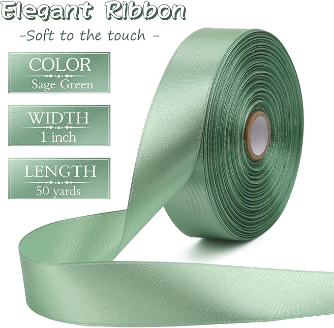 Sage Green Solid Satin Ribbon 1 Inch 50 Yards Solid Polyester Fabric Ribbon for Gift Wrapping Wedding Christmas Baby Shower Birthday Party Decoration Handmade Immortal Flower Craft