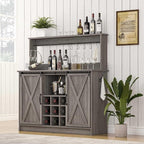 Farmhouse Coffee Bar Cabinet with 9 Wine Racks and 6 Hooks, 47 Inch Wine Bar with Storage, Buffet Cabinet Adjustable Shelves, Kitchen Buffet Cabinet for Dining Living Room, Grey Living Room, Grey