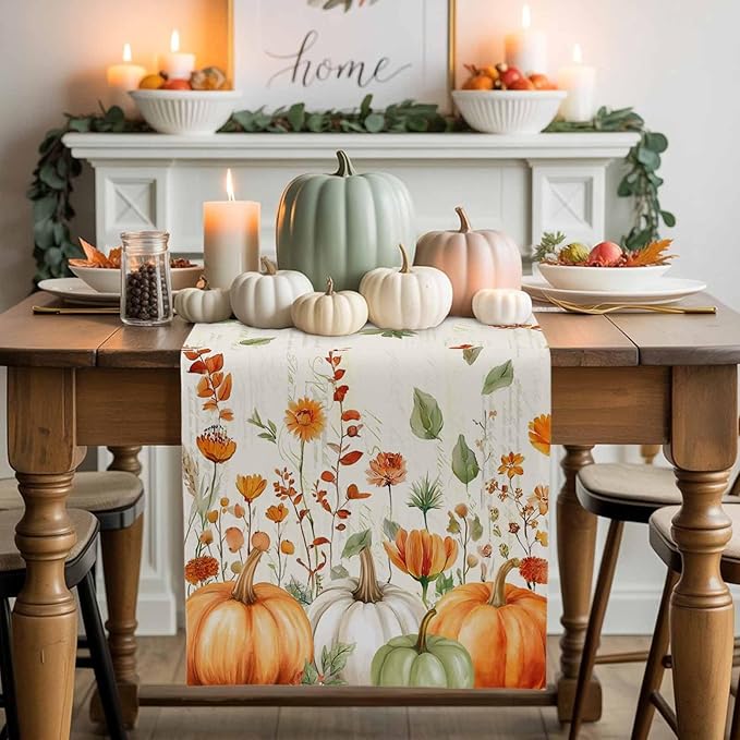 Fall Wildflowers Cotton Linen Table Runner for Dining Kitchen, Thanksgiving Pumpkin Outdoor Party Rustic Tablerunners Decoration,Botanical Floral Vintage Dresser Scarf Tablecloth Runners 13x120 Inches