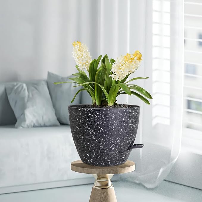 12 inch Large Self Watering Pots for Indoor Outdoor Plants, Flower Plant Pots with Mesh Drainage Holes for Garden House Plants, Plastic Planters with Reservoir for Home Decor, Speckled Black