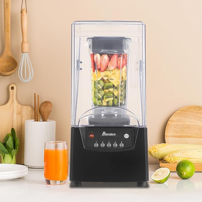 1.8L Professional Commercial Blender with Soundproof Cover, 2600W Industries Strong and Quiet Professional-Grade Power, with Custom Time and Removable Blades, Black