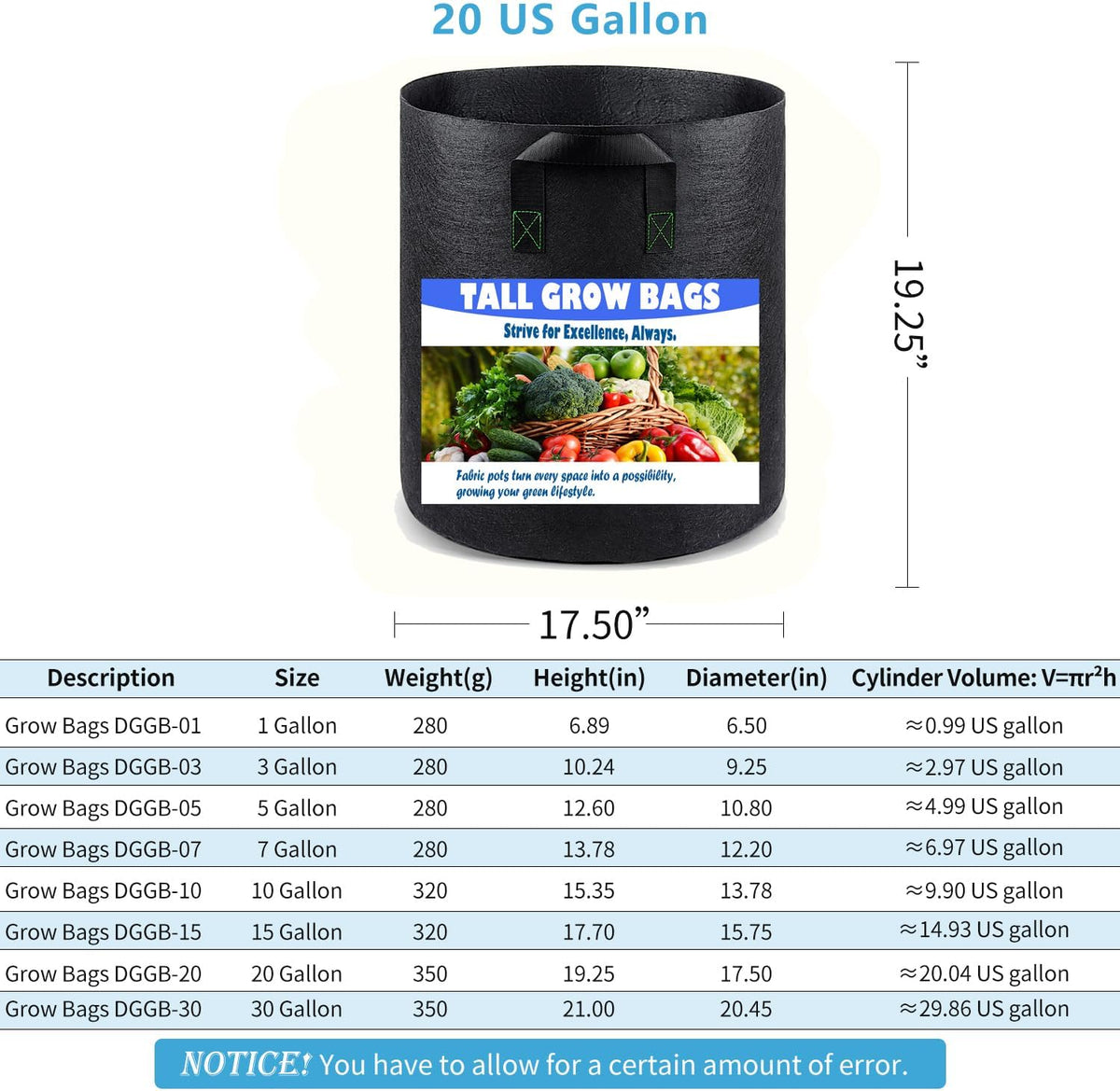20 Gallon 2 Pack Grow Bags, Heavy Duty Nonwoven Aeration Fabric Plant Grow Pots for Vegetables