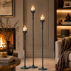 3Pcs Matte Black Floor Candle Holders Centerpieces for Pillar Candles | Adjustable Height,Halloween Metal Candlestick Set,Wedding Party Home Ceremony Mantel Fireplace Decorations