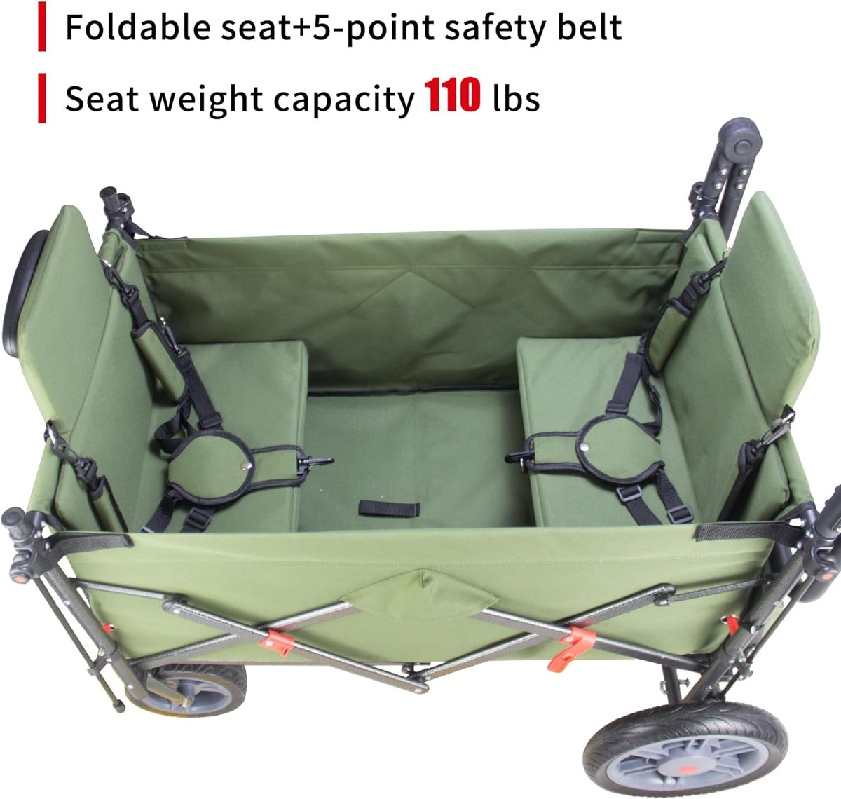 TMZ Collapsible Foldable Wagon Cart with Quick-Release Wheels and 2 Seats, Heavy Duty Wagon 265LBS Load Capacity for Camping Garden Shopping (Green)