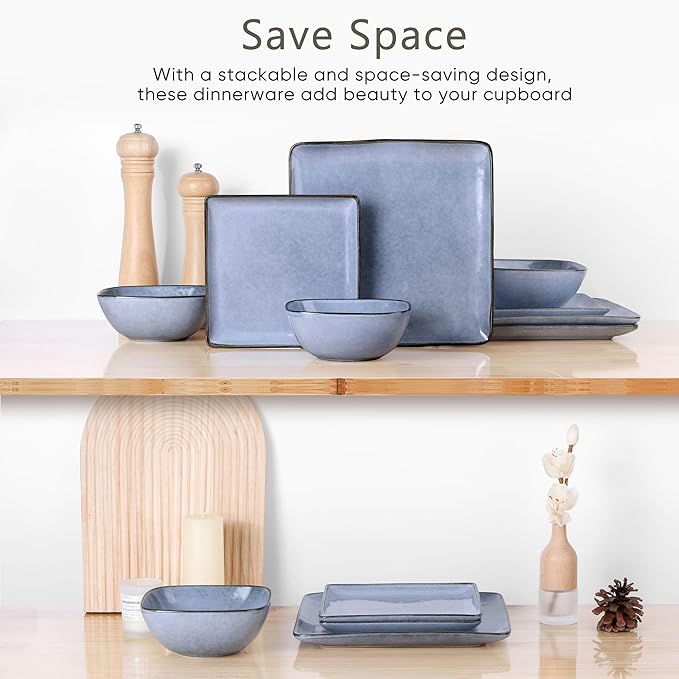 Herogo 12-Piece Square Stoneware Dinnerware Set for 4, Dinner Plates and Bowls Sets, Double Reactive Glaze Dishware Place Setting for Kitchen, Scratch Resistant, Microwave Safe, Haze Blue