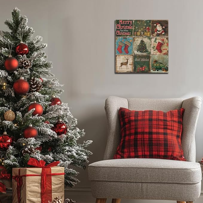 Christmas Decoration Santa Claus Canvas Wall Art Pictures Rustic Vintage Christmas Prints Posters Xmas Tree Wall Decor Aesthetic Merry Christmas Sign for Home Living Room Bedroom Bathroom Holiday Decoration Gifts 12x12inch