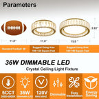 Modern K9 Crystal Dimmable LED Flush Mount Ceiling Light,15 Inch 36W/5CCT 3000K-6000K,Luxury Gold Round Large Close to Ceiling Lighting Fixtures for Living Room,Kitchen,Bedroom,Dining Room