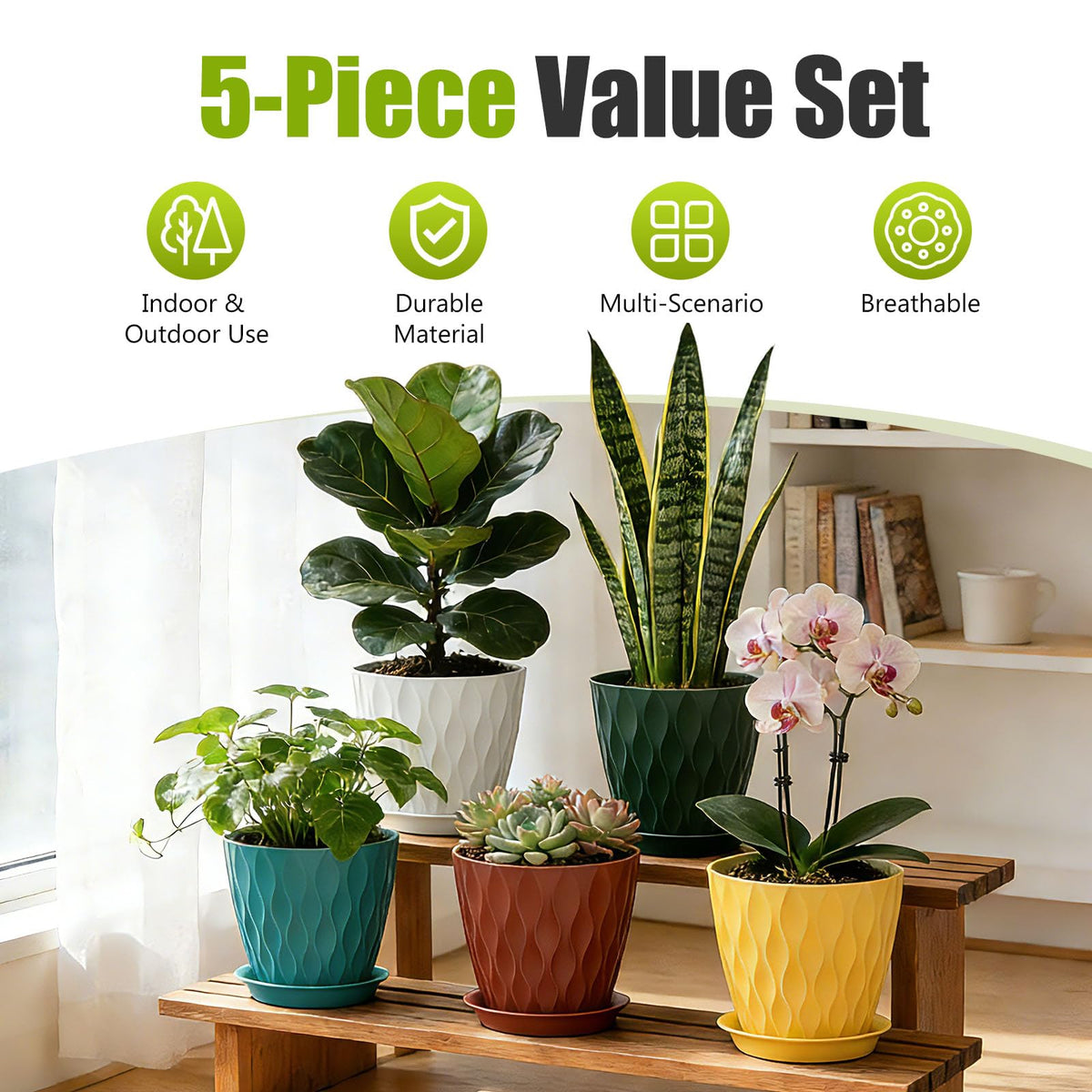 SQKH 8 Inch Plastic Plant Pots,Set of 5 Flower Pots,Planters with Drainage Holes & Saucers, Indoor Outdoor Garden Pots for Home Decor(Colorful)