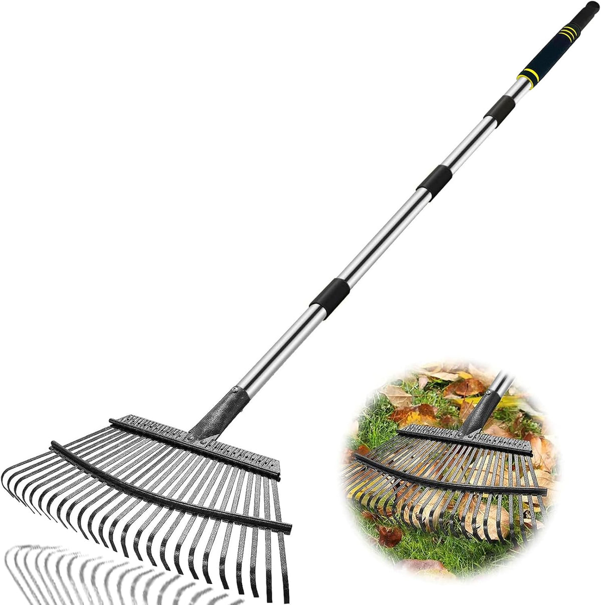 Rake Heavy Duty 6FT Long Garden Rake , 18.5 Inch Wide, 25 Metal Tines, Adjustable Stainless Steel Handle, Leaf Rakes for Leaves, Yards, Grass, Garbage, Weeds, Debris (Black)