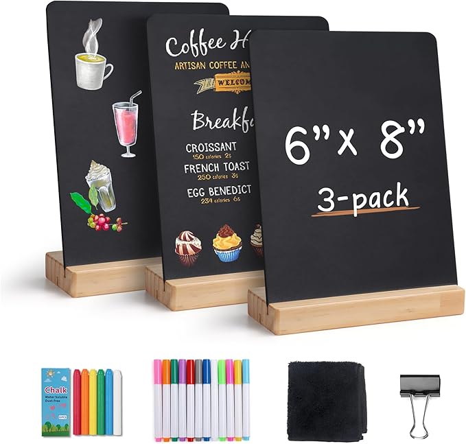 SELEAD Small Chalkboard Words Sign - 3 Pack 6x8 Inch Tabletop Decorative Chalk Board with Wooden Stand, Mini Double-Sided Erasable Message Menu Board for Food, Business, Wedding, Party