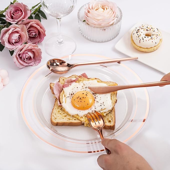 PULOTE 300PCS Rose Gold Plastic Silverware Set - Heavy Duty Rose Gold Utensils Set - Plastic Cutlery Disposable - Include 100 Knives,100 Forks and 100 Spoons for Party & Wedding