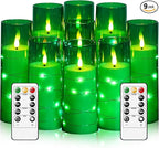 Flameless LED Candles with Timer 9 Pc Flickering Flameless Candles for Romantic Ambiance and Home Decoration Stable Acrylic Shell,with Embedded Star String，Battery Operated Candles（Green）