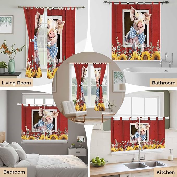 Pig Sunflowers Living Room Curtains 84 Inch Length, Window Curtains Tab Top, Eucalyptus Leaves Floral Bees Red Barn Light Filtering Window Treatments Drapes 42"x84" 2 Panel