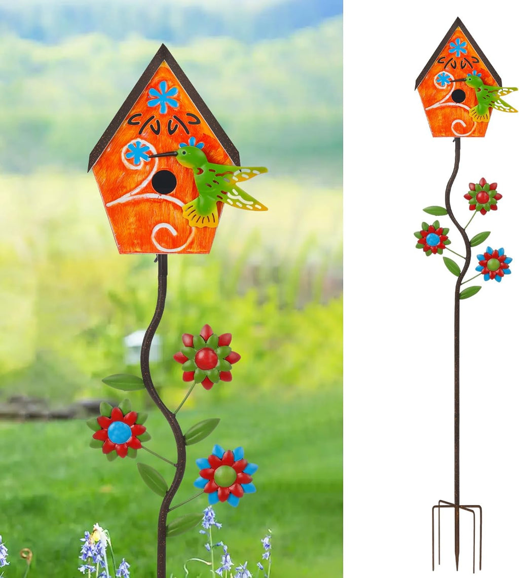 51” Bird Houses Stake for Outside, Metal Wild Bird Feeder Birdhouse Stake Pole with Hummingbird Design Outdoor Decorations for Patio, Backyard, Garden