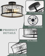 Black Flush Mount Ceiling Light, 2- Light Caged Crystal Chandelier, Small Drum Hallway Light fixtures Ceiling Mount (14 INCH Black)