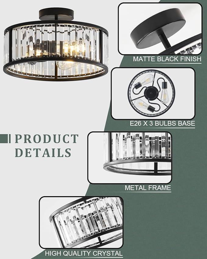 Black Flush Mount Ceiling Light, 2- Light Caged Crystal Chandelier, Small Drum Hallway Light fixtures Ceiling Mount (14 INCH Black)