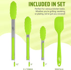 Kaluns Kitchen Tongs for Cooking Grilling Set of 4, BBQ Grill Tongs With Silicone Tip Stainless Steel Heat Resistant, Non-stick Pull Lock, Incl 7, 9, 12 Inch Tong Plus a Silicone Spatula