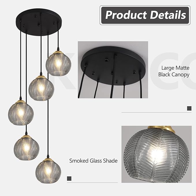 KCO Lighting Round Glass Pendant Lighting 5 Light Farmhouse Cluster Chandelier Black Kitchen Pendant Lighting Smoke Glass Cluster Pendant Light Mid Century Modern Globe Chandelier