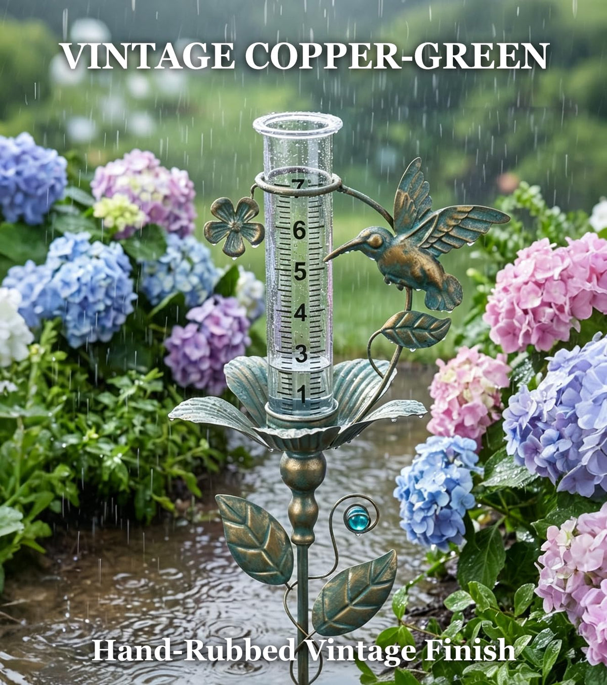 shumi Rain Gauge Outdoor, 7" Hummingbird Rain Gauge for Garden Decor
