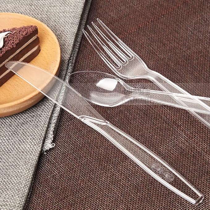 300 Count Clear Plastic Silverware, Heavy Weight Plastic Forks Spoons Knives Disposable Utensils Cutlery Set for Wedding Party Supplies Everyday Use