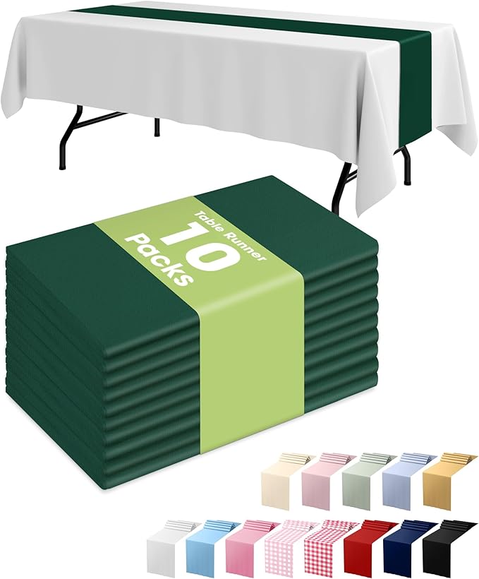 Pureegg Emerald Green Plastic Table Runners - 10 Pack, 14'' x 108'', Water Resistant & Disposable Centerpiece Decorations for Table Cloth, Wedding, Birthday, Holiday, Baby Shower, Party, Home Decor