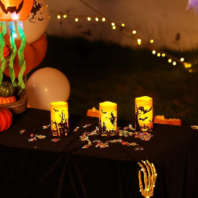 Homemory Halloween Candles, Orange Flameless Candles, Outdoor Waterproof Printed Decals Battery Operated LED Pillar Candles with Remote Timers for Fall Festival Spooky Decor, 3”x6”, Plastic, Set of 3